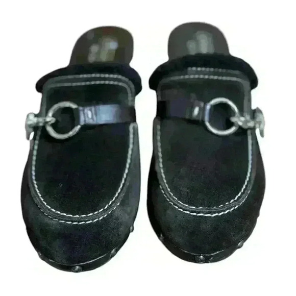 COACH REGINA BROWN SUED SHEARLING UPPER STUDDED WOOD Heel CLOG SIZE 7 - Picture 1 of 13